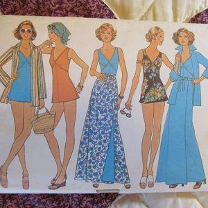 1970s BATHING SUIT WRAP SKIRT & SHIRT Simplicity Sewing Pattern 7497 Sz 12 Uncut